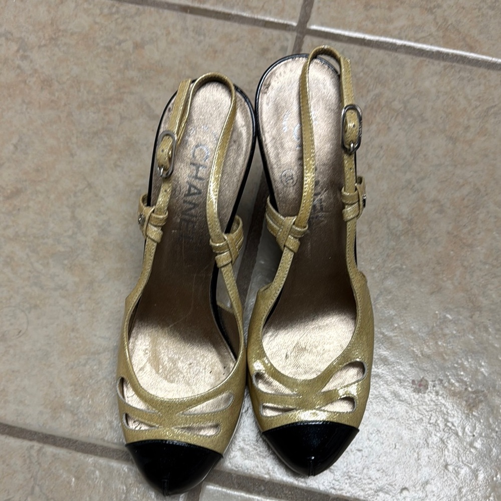 Chanel Gold and Black Women's Slingback Heels
